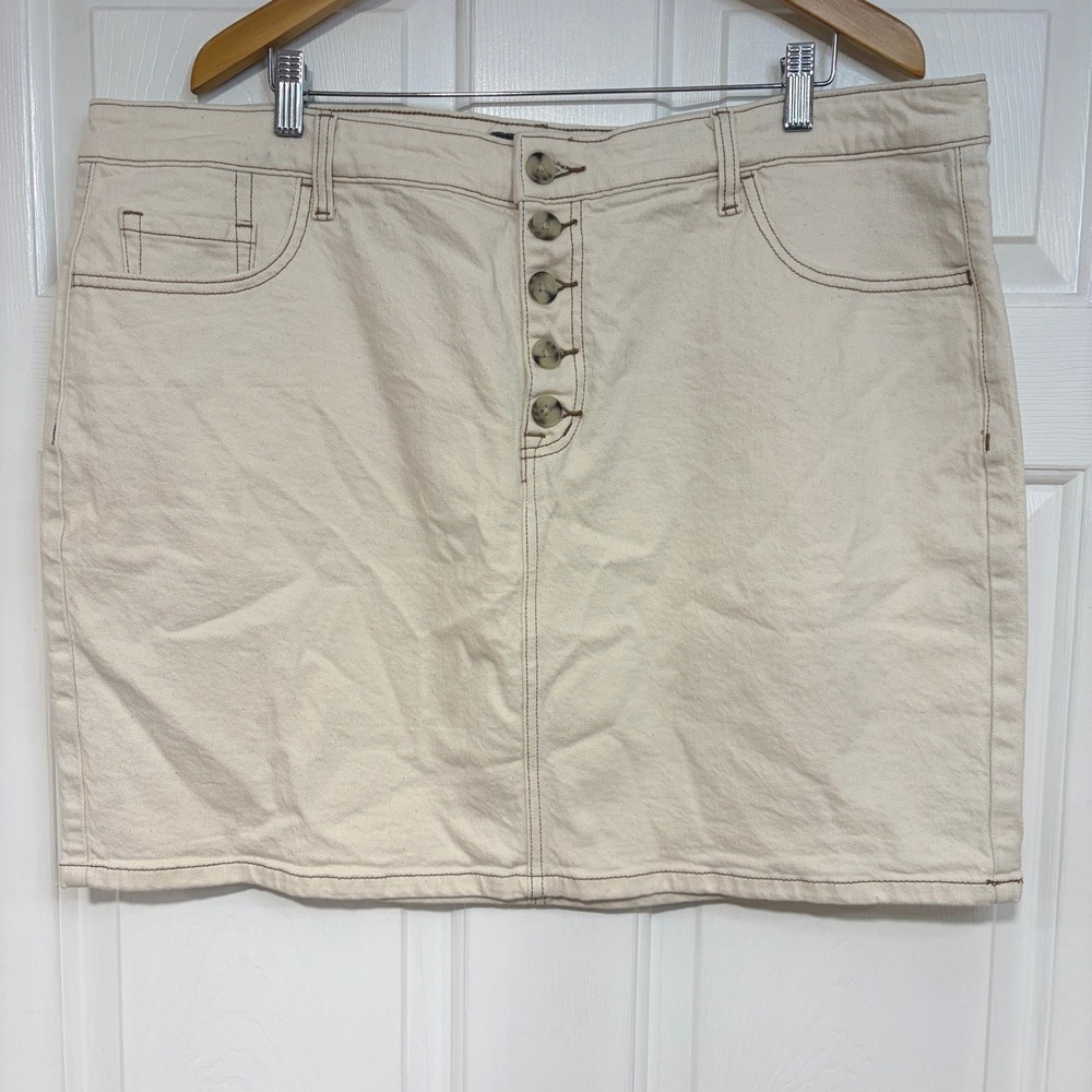 Torrid Womens 20 Cream Stretch Denim Button Fly Mini Skirt Plus Contrast Stitch
